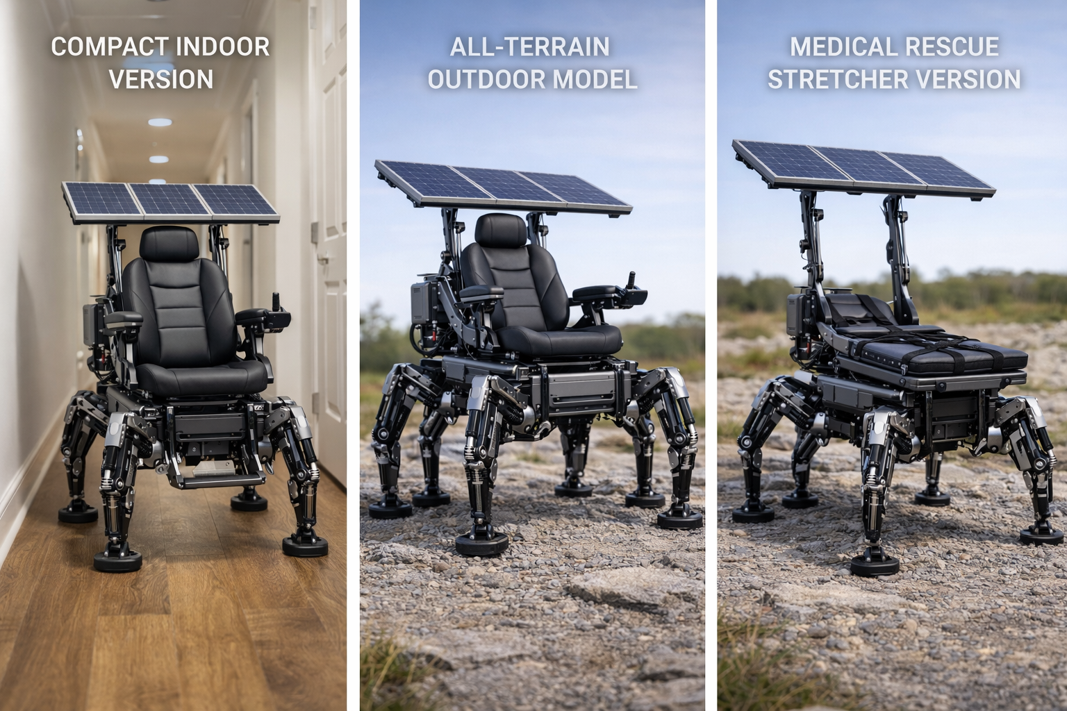 Three Abron™ Walking Chair configurations: compact indoor version, all-terrain outdoor model, and medical rescue stretcher variant — all featuring the solar panel canopy and robotic leg assembly