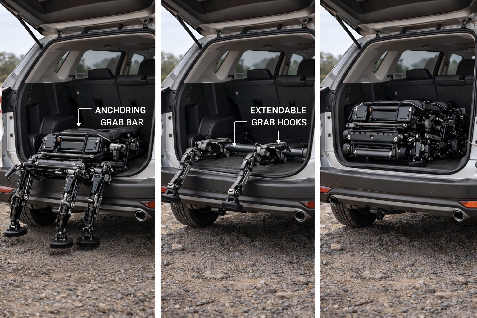 Three-panel sequence showing the Abron™ Walking Chair being loaded into an SUV trunk, with callouts for the Anchoring Grab Bar and Extendable Grab Hooks
